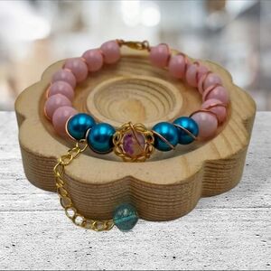 Handmade wirewrapped Elegant Pink and Blue Beaded Bracelet